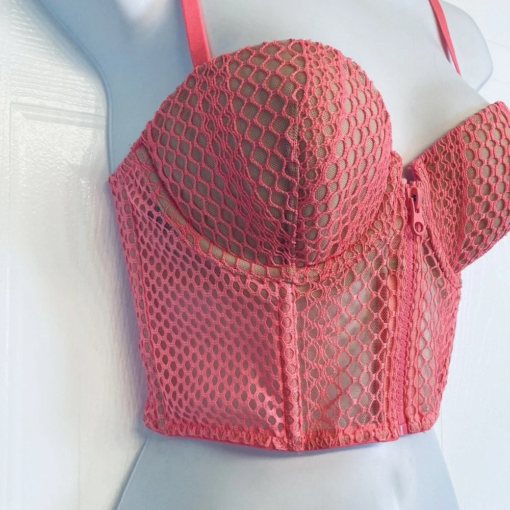 Victoria Secret Very Sexy Corset Size 34C Pink Fishnet Zip Front Bustier Top NEW